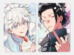 2boys :q animal_ears baseball_bat bell black_hair black_jacket blue_eyes blue_jacket brown_eyes cake cake_slice cat_ears cigarette closed_mouth cream cream_on_face ear_piercing fake_animal_ears food food_on_face getou_suguru ggss_cc gojou_satoru hair_bun hair_ornament hair_pulled_back hairclip hand_up holding holding_food jacket jujutsu_kaisen looking_at_viewer maid_headdress male_focus middle_finger mouth_hold multiple_boys name_tag one_eye_closed piercing short_hair smile tongue tongue_out upper_body white_hair 