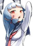  1girl blue_sailor_collar dress floating_headgear grey_hair hair_ribbon headgear highres kantai_collection long_hair multicolored_eyes murakumo_(kancolle) necktie open_mouth orange_eyes red_eyes red_necktie ribbon sailor_collar sailor_dress sannsogyoraikai sidelocks solo teeth tress_ribbon upper_teeth_only white_background white_dress 