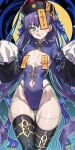  1girl absurdres aqua_eyes black_thighhighs blue_leotard blue_ribbon blue_skin blush breasts cameltoe chinese_clothes clothing_cutout colored_skin commentary covered_navel ebora english_commentary fate/extra fate/extra_ccc fate/grand_order fate_(series) hat hat_ornament highres jiangshi jiangshi_costume leotard long_hair looking_at_viewer meltryllis_(fate) navel navel_cutout ofuda ofuda_on_head ofuda_on_nipples outstretched_arms pasties purple_hair purple_headwear revealing_clothes ribbon scar scar_on_arm scar_on_chest scar_on_face sleeves_past_fingers sleeves_past_wrists small_breasts solo talisman thighhighs tongue tongue_out twintails zombie_pose 