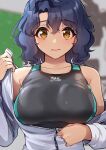  1girl antenna_hair blue_hair blurry blurry_background blush breasts collarbone competition_swimsuit dark_blue_hair highres idolmaster idolmaster_million_live! jacket jacket_partially_removed kamille_(vcx68) large_breasts looking_at_viewer one-piece_swimsuit partially_unzipped redrawn solo swimsuit toyokawa_fuka upper_body 