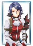  1boy absurdres alcryst_(fire_emblem) arm_guards armor ascot blue_border blue_hair border commentary_request crossed_bangs fire_emblem fire_emblem_engage grey_sleeves hair_between_eyes hair_ornament hairclip highres long_sleeves looking_at_viewer male_focus midori_no_baku red_eyes red_sleeves red_vest shirt short_hair shoulder_armor sidelocks solo standing swept_bangs vest white_ascot white_background white_shirt 