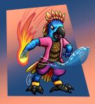  absurd_res anklet anthro armor avian beak biped bird clothing fire gyrotech hi_res jewelry ka&#039;lam&#039;holn&#039;qui&#039;ke leather leather_armor magic multicolored_eyes open_mouth parrot rainbow_eyes solo water 