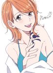  1girl bare_shoulders bikini bikini_top_only blue_bikini character_name chiya_op collarbone hair_behind_ear hand_on_own_arm heart highres light_blush looking_at_viewer nami_(one_piece) one_piece orange_eyes orange_hair short_hair shoulder_tattoo simple_background single_sidelock smile solo swept_bangs swimsuit tattoo teeth tongue tongue_out upper_body upper_teeth_only white_background 