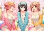  3girls aqua_eyes bare_shoulders bed bedroom between_legs black_hair blonde_hair breasts camisole cleavage collarbone commentary cup hair_between_eyes hair_bun hair_ribbon hand_between_legs highres holding holding_cup indoors isshiki_iroha jacket long_hair mask mask_on_head medium_breasts medium_hair multiple_girls off_shoulder on_bed open_clothes open_jacket open_mouth own_hands_together pillow profile red_eyes red_hair red_hayao ribbon shorts sideways_mouth single_hair_bun single_side_bun sitting sleep_mask small_breasts thighs white_camisole white_shorts yahari_ore_no_seishun_lovecome_wa_machigatteiru. yellow_eyes yellow_ribbon yuigahama_yui yukinoshita_yukino 