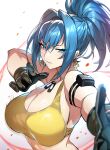  1girl black_gloves breasts cleavage closed_mouth dog_tags earrings gloves gradient_background highres jewelry large_breasts leona_heidern long_hair looking_at_viewer senri_gan solo tank_top the_king_of_fighters triangle_earrings upper_body white_background yellow_tank_top 