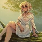  1girl blonde_hair breasts cleavage commentary covered_nipples crossed_legs elf genshin_impact hair_between_eyes highres in_tree looking_at_viewer lumine_(genshin_impact) nomi_owo outdoors pointy_ears sitting sitting_in_tree solo tree watermark yellow_eyes 