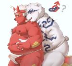  2023 anthro asian_clothing balls bear belly belly_grab big_belly black_nose blush clothing duo east_asian_clothing erection fundoshi genitals hair hi_res horn humanoid_hands japanese_clothing kemono male male/male mammal moob_grab moobs morain_xs nipples overweight overweight_male penis red_body tattoo underwear white_body white_clothing white_fundoshi white_hair white_underwear 