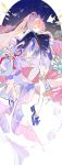  1girl blue_background closed_eyes clothing_request ezu_(e104mjd) fish flower full_body genshin_impact high_ponytail highres japanese_clothes long_hair long_sleeves multicolored_background pink_hair sangonomiya_kokomi solo thighhighs white_background white_thighhighs 