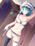  1girl arm_behind_head asymmetrical_hair black_thighhighs blue_headwear bra breasts cleavage closed_mouth commentary_request commission frilled_hat frills garter_straps green_eyes green_hair hat lingerie looking_at_viewer midorino_eni navel panties shiki_eiki short_hair skeb_commission small_breasts solo thighhighs touhou underwear white_bra white_panties white_thighhighs 