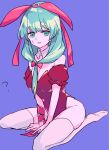  1girl ? animal_ears bare_shoulders bow fake_animal_ears front_ponytail full_body green_eyes green_hair kagiyama_hina kneeling looking_at_viewer no_shoes parmesan_(168n) playboy_bunny puffy_short_sleeves puffy_sleeves purple_background red_bow short_sleeves solo thighhighs touhou white_thighhighs 