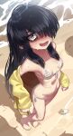  1girl beach bikini black_hair blush breasts brown_eyes embarrassed from_above front-tie_top full_body hair_over_one_eye highres izumozaki_neneko jacket long_hair long_sleeves looking_at_viewer messy_hair monosenbei navel nose_blush ocean off_shoulder open_clothes open_jacket open_mouth outdoors sand shironagasu-tou_e_no_kikan side-tie_bikini_bottom small_breasts striped striped_bikini sweat swimsuit tearing_up tears water wavy_mouth yellow_jacket 