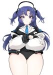  1girl black_gloves black_panties blue_archive blue_necktie blush crossed_arms gloves halo highres jacket jacket_partially_removed looking_at_viewer multicolored_clothes multicolored_jacket necktie no_pants panties purple_eyes purple_hair simple_background solo sweatdrop thick_thighs thighs two-tone_jacket two_side_up underwear ushimochi white_background yuuka_(blue_archive) 