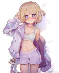  1girl blonde_hair blush bone_boom_(waesrdtfyguhijik) choker commentary_request highres hololive jacket navel pout purple_eyes purple_jacket short_twintails shorts signature sports_bra tears todoroki_hajime twintails virtual_youtuber 