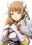  1girl armor bow breasts brown_hair cleavage collar commentary_request fire_emblem fire_emblem_engage flower gloves goldmary_(fire_emblem) hair_flower hair_ornament highres large_breasts long_hair low-tied_long_hair minamonochaba open_mouth shoulder_armor sidelocks solo white_background white_bow white_gloves yellow_eyes 