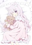  1girl animal_ears cat_ears cat_girl cat_tail doll_hug frills highres long_hair long_sleeves looking_at_viewer lying nightgown object_hug on_side one_eye_closed open_mouth original pillow pink_hair pink_nightgown purple_eyes stuffed_animal stuffed_toy tail teddy_bear tyakomes 