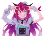  1girl :p arms_up asymmetrical_sleeves blue_eyes breasts buttons cleavage crop_top dasdokter demon_horns double-breasted double_v hat heterochromia highres hololive hololive_english hololive_idol_uniform_(bright) horns idol_clothes irys_(hololive) jacket long_hair looking_at_viewer mini_hat multicolored_hair nail_polish necktie oshi_no_ko pink_eyes pink_nails plaid pointy_ears purple_hair red_hair short_necktie solo star-shaped_pupils star_(symbol) symbol-shaped_pupils tongue tongue_out uneven_sleeves upper_body v very_long_hair virtual_youtuber white_background white_jacket wrist_cuffs 