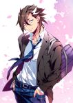  1boy bag black_hair blue_pants cherry_blossoms fate/grand_order fate_(series) grey_eyes hands_in_pockets highres kotobuki_toro male_focus mandricardo_(fate) necktie pants purple_bag school_bag school_uniform shirt smile solo white_background white_shirt 