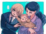  1boy 2girls baby black_eyes black_hair black_suit blonde_hair blue_background crossed_arms eyelashes formal highres holding holding_baby hunter_x_hunter kurapika long_hair looking_at_viewer mature_female mother_and_child mother_and_daughter multiple_girls necktie oito_hui_guo_rou pinching robe short_hair smile speech_bubble suit sweatdrop thicopoyo woble_hui_guo_rou 