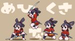  1girl barefoot black_eyes black_hair blush_stickers bracer chibi dougi highres holding holding_weapon jumping katana open_mouth sakuna-hime scabbard seiza sheath shimatakehito simple_background sitting solo sword tensui_no_sakuna-hime time_lapse weapon 