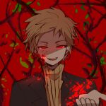  1boy atou_haruki black_jacket blonde_hair blood blood_on_clothes blood_on_face branch fang jacket lark_ruby looking_at_viewer male_focus open_mouth outstretched_hand red_background red_eyes saibou_shinkyoku short_bangs short_hair smile solo sweater tree turtleneck turtleneck_sweater yellow_sweater 