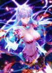  1girl armor bikini_armor blue_flower body_markings breasts cleavage coma2 commentary_request earrings fate/grand_order fate_(series) floating_hair flower glowing glowing_hair hair_between_eyes halo highres jewelry kama_(beast_iii/l)_(fate) kama_(fate) large_breasts lips long_hair looking_at_viewer navel parted_lips petals pink_lips red_eyes revealing_clothes solo stomach white_hair 