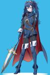  1boy alternate_hairstyle ameno_(a_meno0) black_sweater blue_background blue_cape blue_eyes blue_footwear blue_gloves blue_hair blush boots cape fingerless_gloves fire_emblem fire_emblem_awakening full_body gloves holding holding_polearm holding_weapon long_hair long_sleeves looking_at_viewer lucina_(fire_emblem) parted_lips polearm red_cape ribbed_sweater simple_background solo spear sweater tiara turtleneck turtleneck_sweater twintails two-tone_cape weapon 