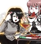  2girls artist_name black_hair black_pants braid brown_hair chain chainsaw_man concentrating eating fami_(chainsaw_man) fingers_to_head food grey_hair grey_shirt hair_over_one_eye hair_over_shoulder highres holding holding_food holding_pizza long_hair long_sleeves looking_at_another medium_hair mole mole_under_eye multiple_girls multiple_moles nayuta_(chainsaw_man) open_mouth osulan pants pink_eyes pizza pizza_box pizza_slice red_eyes ringed_eyes shirt sidelocks single_braid sitting sketch table telekinesis turtleneck v-shaped_eyebrows yellow_eyes 
