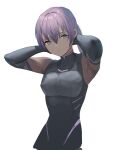  1girl arms_behind_back black_bodysuit bodysuit d_(tgxr4843) dark-skinned_female dark_skin dolphin_wave elbow_gloves gloves hair_between_eyes highres looking_at_viewer ponytail purple_eyes purple_hair simple_background solo souma_hayate upper_body white_background 