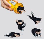  1boy black_hair bowl_cut commentary cutystuffy english_commentary falling gakuran grey_background holding kageyama_shigeo long_sleeves lying male_focus mob_psycho_100 no_mouth pants pill_bottle school_uniform shoes short_hair simple_background sneakers 