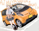  1girl :d ahoge blonde_hair brown_cardigan brown_footwear car cardigan cardigan_around_waist character_name clothes_around_waist collared_shirt commentary_request grey_skirt grey_socks gyaru hand_on_own_hip happy_birthday headlight highres license_plate loafers love_live! love_live!_nijigasaki_high_school_idol_club maruyo medium_hair mitsubishi_motors miyashita_ai motor_vehicle neck_ribbon open_mouth pink_ribbon plaid plaid_skirt ribbon shirt shoes sidelocks skirt smile socks solo standing translation_request v vehicle_focus vehicle_request white_shirt yellow_eyes 