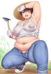  1girl arm_up armpits blue_pants blush breasts brown_eyes brown_hair character_request copyright_request covered_nipples foot_out_of_frame gloves hair_between_eyes hat highres holding holding_shovel large_breasts looking_at_viewer midriff navel one_eye_closed open_mouth orizen outdoors pants plump puffy_nipples short_hair shovel solo squatting sweat tank_top tareme thick_arms thick_thighs thighs trowel white_background white_gloves 