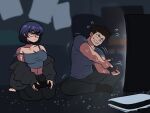  1boy 1girl bare_shoulders black_hair black_jacket black_pants black_shirt blurry blurry_background blush clenched_teeth closed_mouth controller expressionless flying_sweatdrops game_console game_controller glasses highres holding holding_controller holding_game_controller jacket looking_at_another midriff navel original pants playstation_5 seiza shirt short_hair sitting sweatdrop tank_top teeth tina_fate 