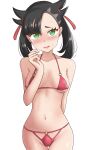  1girl @_@ absurdres arm_behind_back asymmetrical_bangs bikini black_hair blush breasts cameltoe collarbone cowboy_shot green_eyes hair_ribbon highres maho_(corotonton5150) marnie_(pokemon) micro_bikini navel nervous_smile pink_bikini pokemon pokemon_(game) pokemon_swsh ribbon shy simple_background small_breasts smile solo stomach swimsuit twintails undercut white_background 