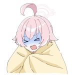  &gt;_&lt; 1girl ahoge blanket blue_archive chibi cold commentary_request covering_with_blanket hair_between_eyes halo hoshino_(blue_archive) open_mouth pink_hair pink_halo sanz_zzz shaded_face simple_background solo v-shaped_eyebrows wavy_hair white_background 