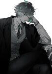  1boy alhaitham_(genshin_impact) alternate_costume collared_shirt couch crossed_legs genshin_impact green_eyes green_hair greyscale hair_between_eyes hair_over_one_eye jacket kanapy long_sleeves looking_at_viewer male_focus monochrome necktie pants parted_lips shirt sitting solo spot_color watch wristwatch 