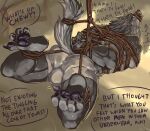  2019 ankles_tied anthro arms_tied back_muscles bdsm biceps big_bulge big_butt bodily_fluids bondage bound bulge butt canid canine canis clothed clothing crying digital_media_(artwork) english_text erection eyebrows feet foster-tony fur grey_body grey_fur male mammal muffled muffled_speech muscular muscular_anthro muscular_male muscular_thighs muzzle_(object) muzzled notched_ear offscreen_character quads questionable_consent restraints rope rope_bondage rope_harness solo speech_bubble spread_toes story story_in_description submissive submissive_anthro submissive_male sweat tail talking_to_another tears teeth tenting text thick_thighs toes underwear underwear_only wolf 