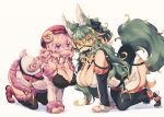  2girls all_fours animal_ear_fluff animal_ears bit_gag black_bow black_footwear black_thighhighs bow breasts cleavage curly_hair gag green_hair hair_bow hat kuromiya kuromiya_raika kuzakura_mika large_breasts long_hair looking_at_viewer multicolored_hair multiple_girls orange_hair original pink_hair purple_eyes red_footwear red_headwear shoes simple_background tail thighhighs two-tone_hair yellow_background 