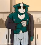  absurd_res anthro avocato blue_body blue_fur body_hair chest_tuft clothing crotch_tuft domestic_cat felid feline felis final_space fur happy_trail hi_res male mammal markings morning mug pajamas robe solo the_mist_walker tired tired_eyes tuft ventrexian white_markings 