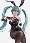  1girl absurdres alternate_costume animal_ears aqua_eyes aqua_hair bare_shoulders black_gloves black_pantyhose detached_sleeves elbow_gloves feet_out_of_frame finger_heart fishnet_pantyhose fishnets gloves grey_background hatsune_miku highres hxk4_n leotard long_hair looking_at_viewer necktie open_mouth pantyhose playboy_bunny rabbit_ears red_necktie ribbon simple_background solo strapless strapless_leotard twintails very_long_hair vocaloid wrist_cuffs 