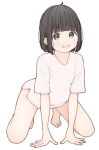  1girl 1ssakawaguchi :d absurdres ahoge arm_support bare_legs barefoot black_hair blue_eyes blunt_bangs blunt_ends blush bob_cut collarbone dot_nose full_body hands_on_ground highres ichika_(1ssakawaguchi) kneeling leaning_forward looking_at_viewer no_pants open_mouth original revision shirt short_hair short_sleeves simple_background smile solo spread_legs straight_hair t-shirt tareme tiptoes toes white_background white_shirt 