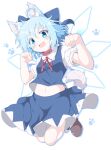  1girl absurdres animal_ears blue_bow blue_eyes blue_hair blue_skirt blue_vest bow breasts brown_footwear cirno collar commentary do_(4-rt) dog_ears dog_tail fang full_body hair_bow highres messy_hair navel open_mouth red_collar shirt short_hair short_sleeves skin_fang skirt small_breasts smile solo symbol-only_commentary tail touhou vest white_background white_shirt 