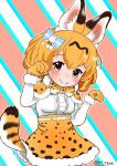  1girl adapted_costume animal_ears blonde_hair blush bow bowtie cat_ears cat_girl cat_tail center_frills frilled_skirt frills fur_trim gloves hair_between_eyes hair_bow high-waist_skirt highres kemono_friends kf_okura long_sleeves paw_pose print_bow print_bowtie print_capelet print_skirt serval_(kemono_friends) serval_print shirt short_hair sidelocks skirt smile solo tail white_fur white_shirt yellow_eyes yellow_gloves 