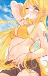  1girl adjusting_clothes adjusting_shorts aged_up arm_up bare_arms bare_shoulders belt bikini bikini_top_only black_shorts blonde_hair blue_eyes blue_sky breasts cowboy_shot eating food hair_ornament hairclip hand_on_own_stomach highres kagamine_rin long_hair medium_breasts midriff mimi_mine mismatched_armpit_hair mouth_hold narrow_waist number_tattoo one_eye_closed orange_belt popsicle short_shorts shorts shoulder_tattoo sky solo sweat swimsuit tattoo very_long_hair vocaloid yellow_nails 