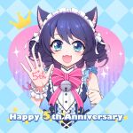 1girl animal_ears anniversary bell black_hair blue_background blue_eyes cat_ears cat_girl crown cyan_(show_by_rock!!) heart highres looking_at_viewer maid maid_headdress mel6969 multicolored_background neck_bell open_mouth pink_background purple_background show_by_rock!! smile solo wavy_hair 