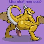  animal_humanoid animated anthro anus butt crouching digital_media_(artwork) dragon dragon_humanoid genitals hi_res horn humanoid inviting male penis pixel_(artwork) pixel_animation presenting presenting_hindquarters raised_tail rear_view reptile scales scalie slit solo tail text tongue tongue_out u4e wings wyvern yellow_body yellow_scales 