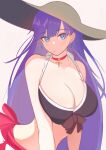  0nineo9 1girl absurdres bikini black_bikini blunt_bangs breasts choker cleavage closed_mouth collarbone commentary cross cross_choker earrings english_commentary fate/grand_order fate_(series) grey_background hat highres jewelry large_breasts long_hair martha_(fate) martha_(swimsuit_ruler)_(fate) purple_eyes purple_hair red_choker red_sarong sarong simple_background solo sun_hat swimsuit 