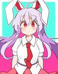  1girl ahoge animal_ears blush border closed_mouth collared_shirt hair_between_eyes ini_(inunabe00) light_purple_hair long_hair necktie rabbit_ears red_eyes red_necktie red_skirt reisen_udongein_inaba shirt short_sleeves skirt solo touhou upper_body white_border white_shirt 