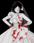  1girl ashley_graves black_background black_hair blood blood_on_clothes blood_on_face bridal_veil bride dress flower_on_shoulder hands_on_own_hips highres looking_at_viewer pink_eyes renico smile the_coffin_of_andy_and_leyley veil wedding_dress 