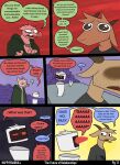  6_panel_comic anthro black_background bovid brown_body brown_fur bulging_eyes caprine clothing curved_horn dialogue domestic_pig english_text fur goat group half-closed_eyes happyroadkill hi_res hoodie horn machine male mammal messy_room narrowed_eyes open_mouth pink_body pink_skin purple_background red_background robot shirt simple_background speech_bubble stubble suid suina sus_(pig) t-shirt text topwear trio tusks yellow_background 
