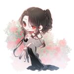  1girl 62135409_(artist) bare_shoulders black_dress black_hair blush breasts bright_pupils chibi cleavage collarbone dress floral_background folded_fan folding_fan fur_shawl hand_fan holding holding_fan holding_own_wrist large_breasts looking_at_viewer looking_to_the_side original red_eyes shawl sidelocks slit_pupils smile white_pupils 
